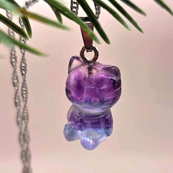 Beautiful Nature Fluorite Carved Kitty Wire Heart Pendant Necklace - Picture 2 of 10